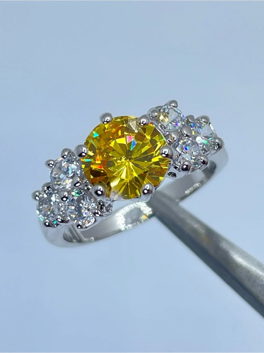 Swarovski Crystal Elements Canary Yellow Crystal Ring Silver Sz 6 Statement Glam